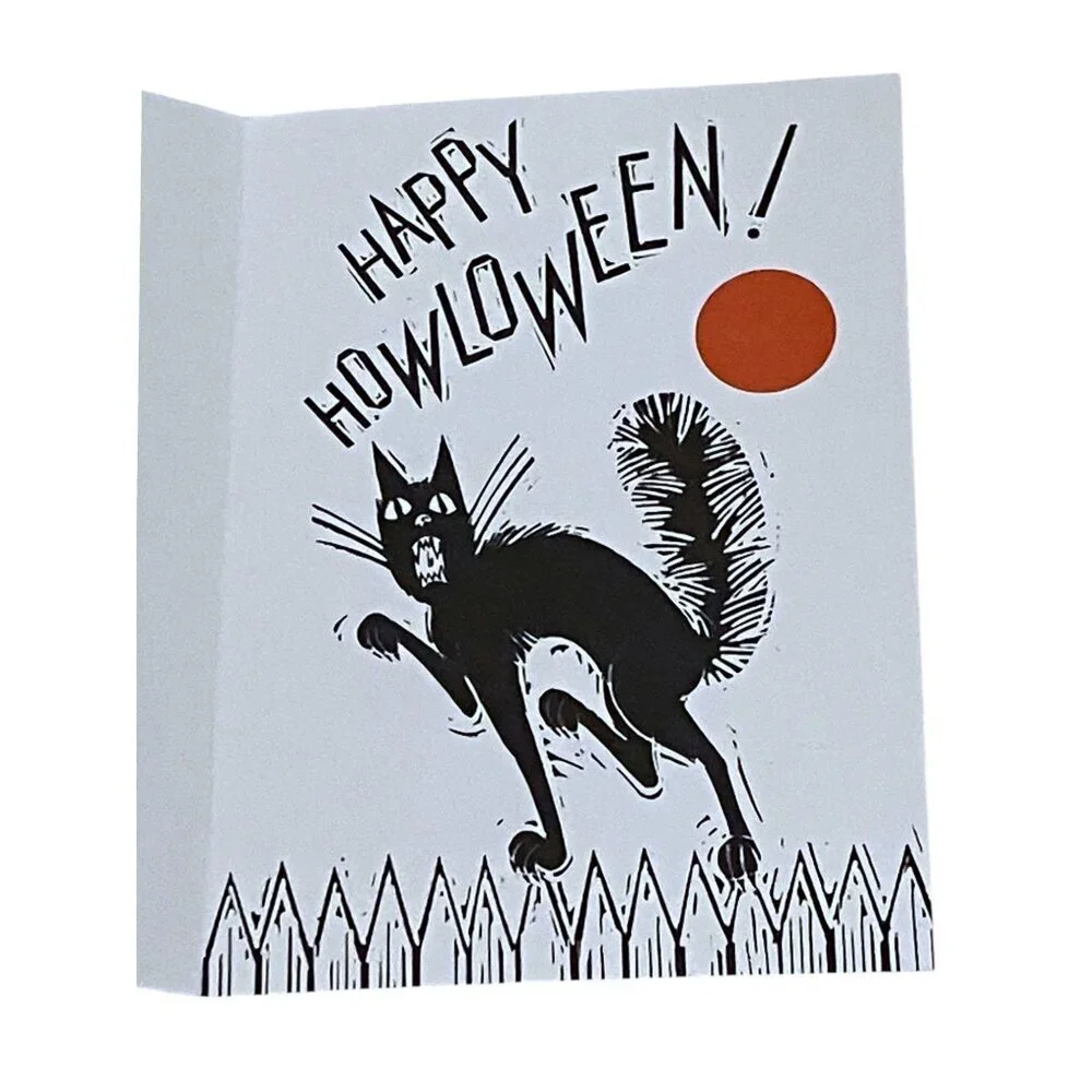 VTG Halloween Greeting Card Black Cat Pumpkin Moon 100% Recycled Paper NOS 1988